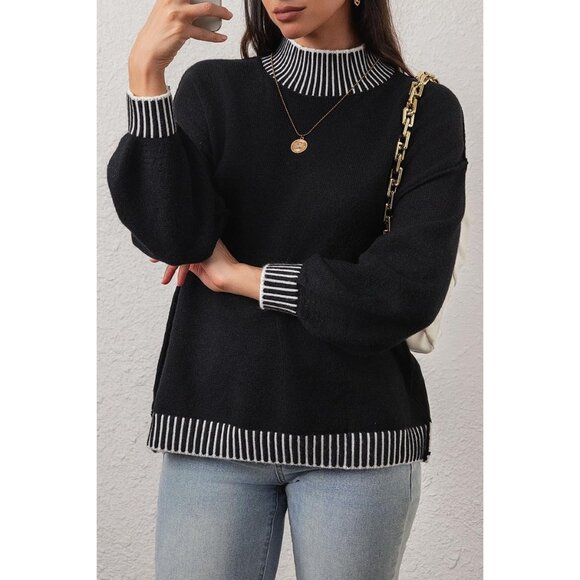 ✨Women's Black Fall Fashion Sweater Long Sleeve Striped Pullover Sweater Tops - Picture 5 of 7